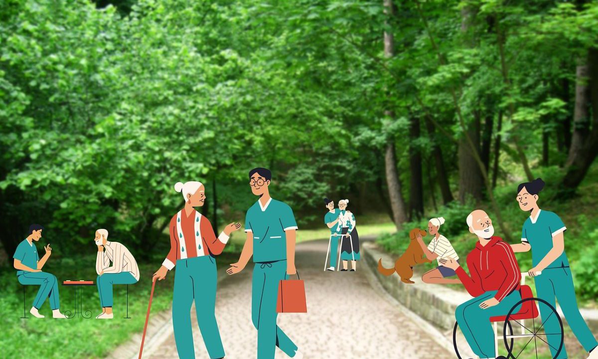 Age care worker in the garden with individuals