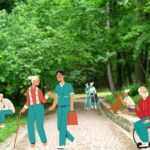 Age care worker in the garden with individuals