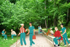 Age care worker in the garden with individuals